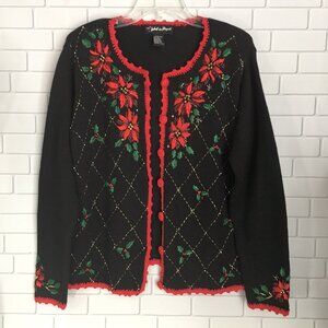 Work In Progress Winter Holiday Cardigan Sweater Poinsettias Women's Medium